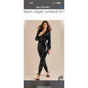 Sequin Jumpsuit Jogger Full Zip Long Sleeve Black extra large